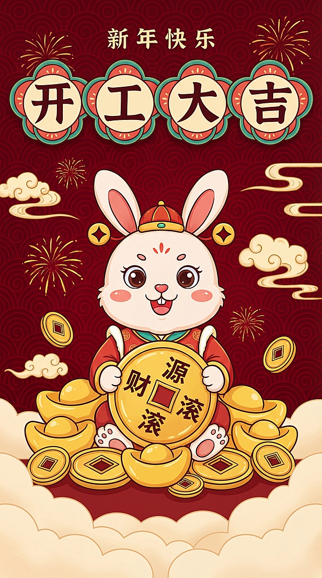 国潮风插画，拟人化兔子身着传统服饰，手持金元宝，周围环绕祥云与烟花，喜庆卡通感十足，传递新年开工大吉的吉祥寓意。
