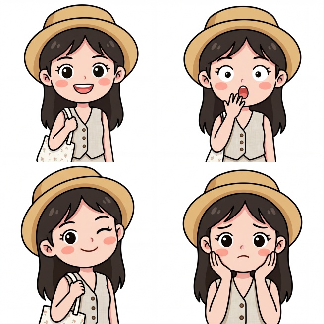 将图1的真人图片转换为图2的卡通风格表情包，保持人物特征、五官比例、服饰，制作包含不同情绪动作的表情包预览效果