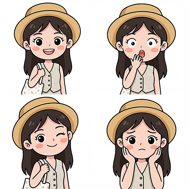 将图1的真人图片转换为图2的卡通风格表情包，保持人物特征、五官比例、服饰，制作包含不同情绪动作的表情包