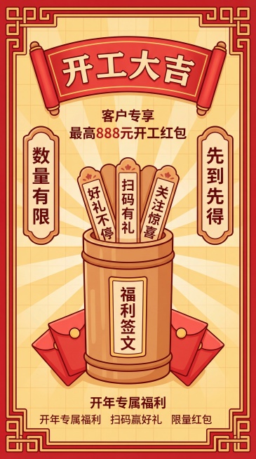 竖版国潮扁平卡通风开工大吉抽红包活动海报，画面采用中心对称构图，外层是正红色国潮边框，内部是暖黄色网格质感背景并带有放射状光线。画面顶部红色卷轴内写有“开工大吉”主标题，两侧是竖向国潮对联牌匾，分别写预览效果