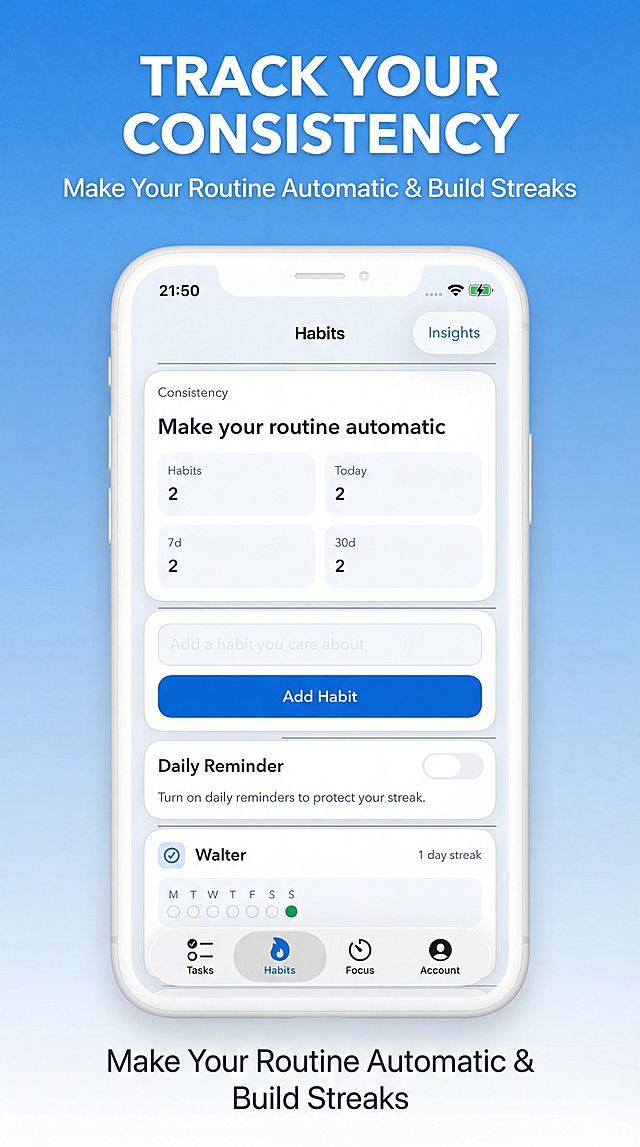 将该习惯养成APP界面制作成App Store英文上架图，界面清晰完整，适配应用市场展示风格