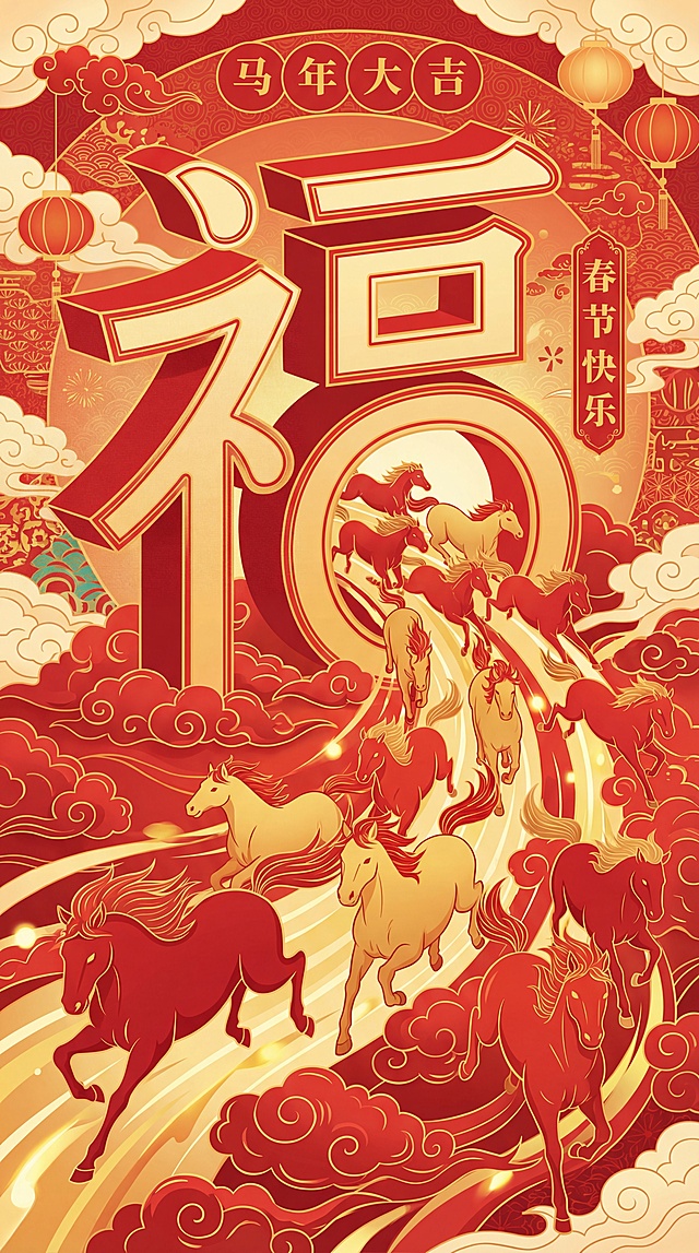 马年春节主题，巨大的汉字“福”字，众多红色和金色的骏马从“福”字内部奔出，姿态动感十足地飞驰着，喜庆的红色背景、金色的光效、祥瑞的云彩，平面式插画、简洁的线条，喜庆而生动的氛围，高超的细节