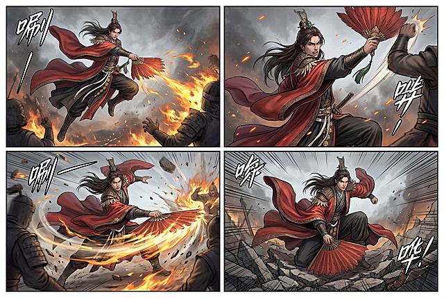 将图中人物生成四个漫画分镜，呈现不同姿势的战斗场景，人物形象保持一致，画风与参考图一致
