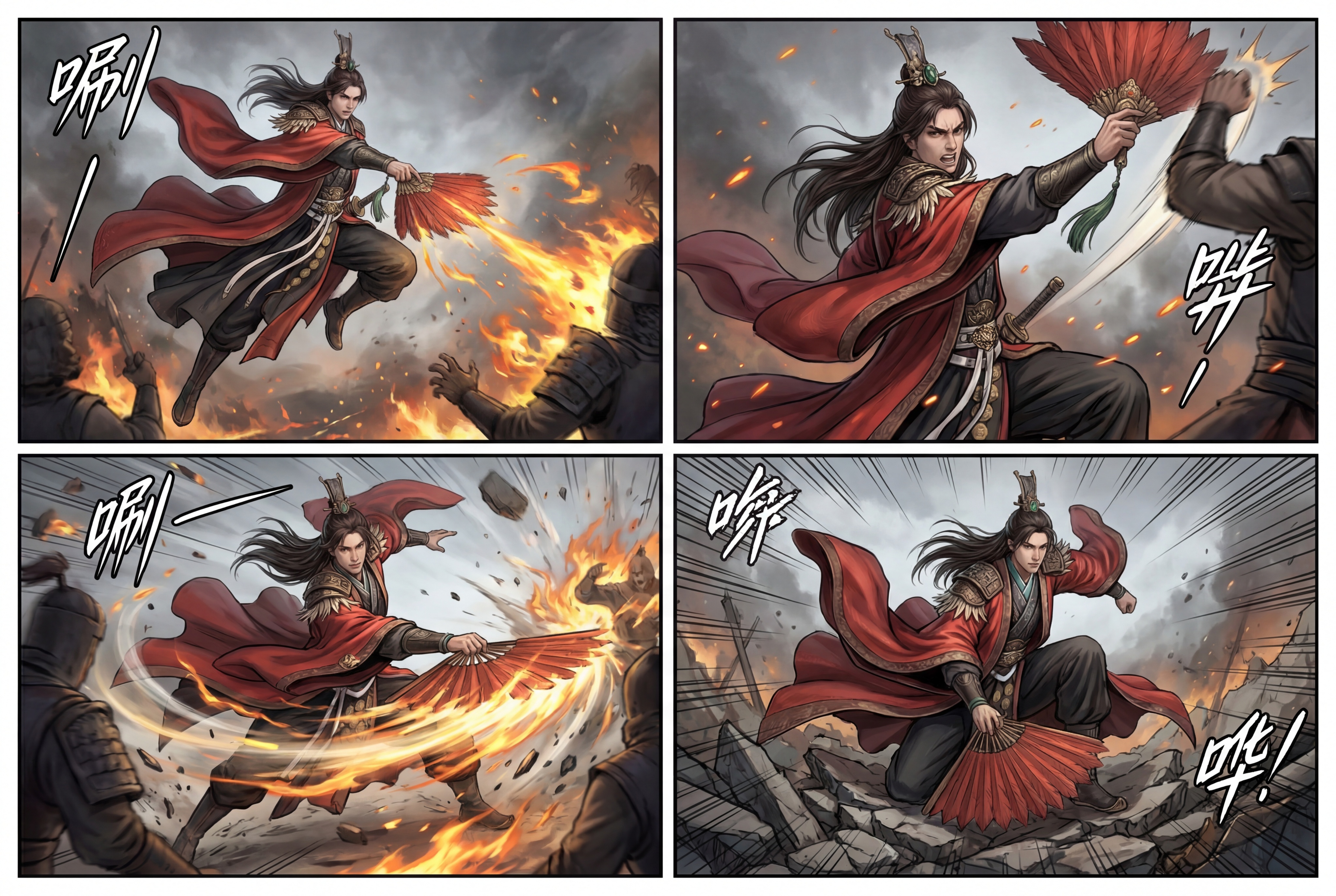 将图中人物生成四个漫画分镜，呈现不同姿势的战斗场景，人物形象保… - 图片创意预览