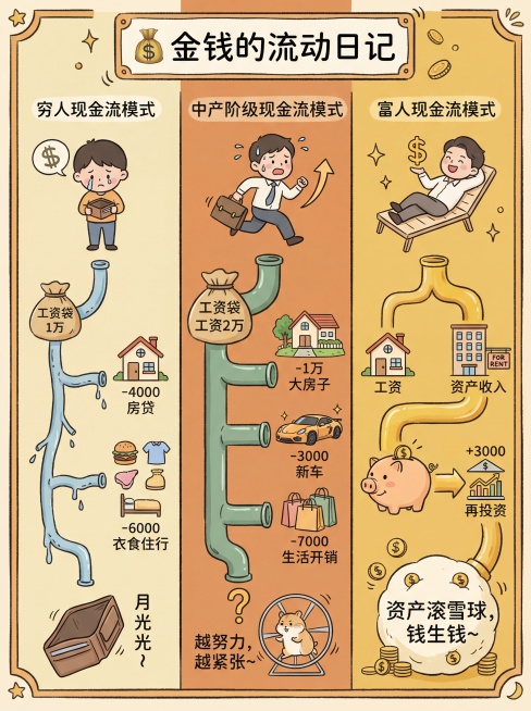 小红书财富博主风格手绘插画知识卡片，暖色调为主，搭配简洁线条卡通人物，用管道象征现金流，分三栏排版，顶部标题框写“💰 金钱的流动日记”，手绘风知识科普思维导图风格，简约亲切，色彩柔和，信息层级清晰。预览效果