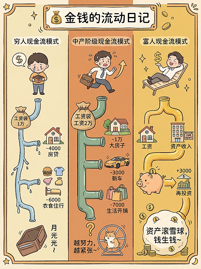 小红书财富博主风格手绘插画知识卡片，暖色调为主，搭配简洁线条卡通人物，用管道象征现金流，分三栏排版，顶部标题框写“💰 金钱的流动日记”，手绘风知识科普思维导图风格，简约亲切，色彩柔和，信息层级清晰。左栏：穷人现金流模式，抱着钱包哭唧唧的小卡通人，头顶冒“💸”符号，细蓝色管道，左边是标“1万”的工资袋，管道中间岔出多个小出口，房贷是小房子图标标“-4000”，衣食住行是汉堡、衣服、小床图标标“-6000”，管道尽头是空钱包，旁边写“月光光～”；中栏：中产阶级现金流模式，满头大汗背着公文包奔跑的人，旁边有向上箭头，管道比左栏粗，左边标“工资2万”，中间岔出更大出口，大房子是带花园的房子标“-1万”，新车是闪亮汽车标“-3000”，生活开销是更多购物袋标“-7000”，管道尽头是“？”，旁边有转圈小老鼠，配文“越努力，越紧张～”；右栏：富人现金流模式，微笑坐在躺椅上的人，手里举着“$”符号，金色管道，左边分两支，一支是“工资”连接小房子图标，另一支是“资产收入”，画公寓+出租标志标“+3000”，管道中间画储蓄罐，连接基金图标标“再投资”，最后是越来越大的“💰”雪球，配文“资产滚雪球，钱生钱～”