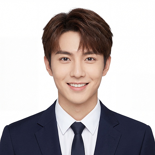 将图中人物转换为阳光男生，生成1:1的证件照，画面正式清晰