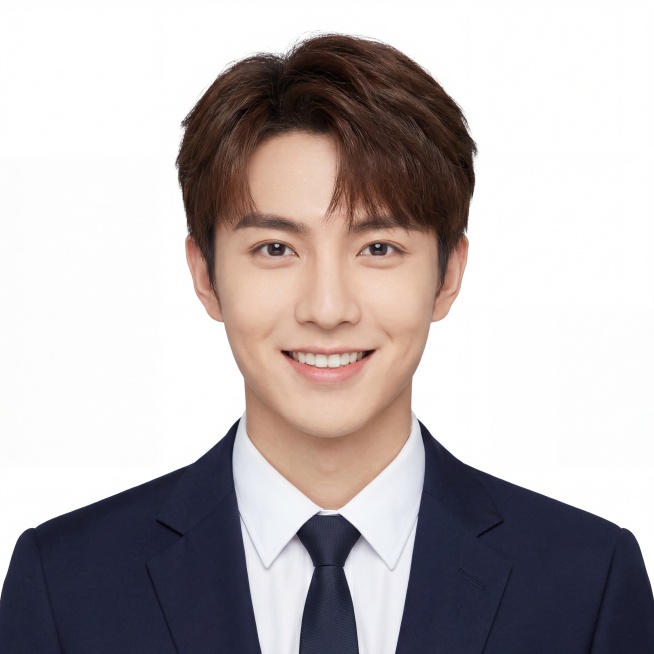 将图中人物转换为阳光男生，生成1:1的证件照，画面正式清晰预览效果