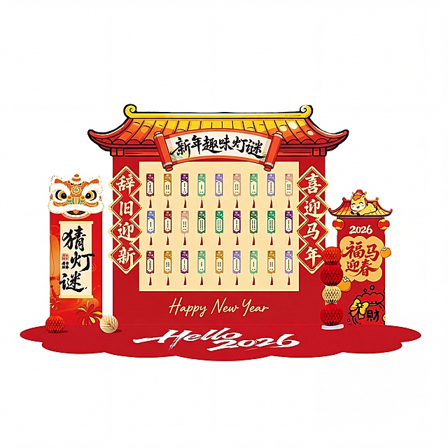 生成和参考图完全一样的新年猜灯谜美陈图片，包含中式屋顶、灯谜墙、醒狮、小马形象，所有文字和元素一致