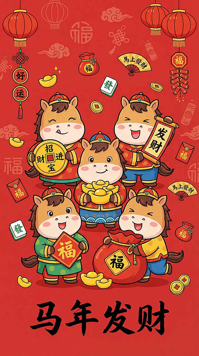 卡通Q版马年新年竖版插画：主体是五只身着传统中式服饰的卡通小马，它们或手持‘招财进宝’铜钱、‘发财’卷轴、金元宝、‘福’字牌，或抱着福袋，表情活泼喜悦。场景设定在正红色背景上，背景印有浅红色的灯笼、祥云、福字、鞭炮等传统纹样暗纹；画面中散落着金元宝、铜钱、‘發’字麻将、‘福’字红包、福袋、红灯笼、中国结、‘好运’挂饰、‘馬上發財’扇子等新年元素，底部配有‘马年发财’。色彩以正红为主色调，搭配小马服饰的多彩配色与金色装饰，整体色调鲜艳喜庆，充满传统年味。构图为竖版居中布局，五只小马为视觉重心，新年装饰元素环绕分布，背景暗纹增添层次感。