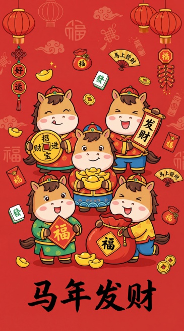 卡通Q版马年新年竖版插画：主体是五只身着传统中式服饰的卡通小马，它们或手持‘招财进宝’铜钱、‘发财’卷轴、金元宝、‘福’字牌，或抱着福袋，表情活泼喜悦。场景设定在正红色背景上，背景印有浅红色的灯笼、祥预览效果