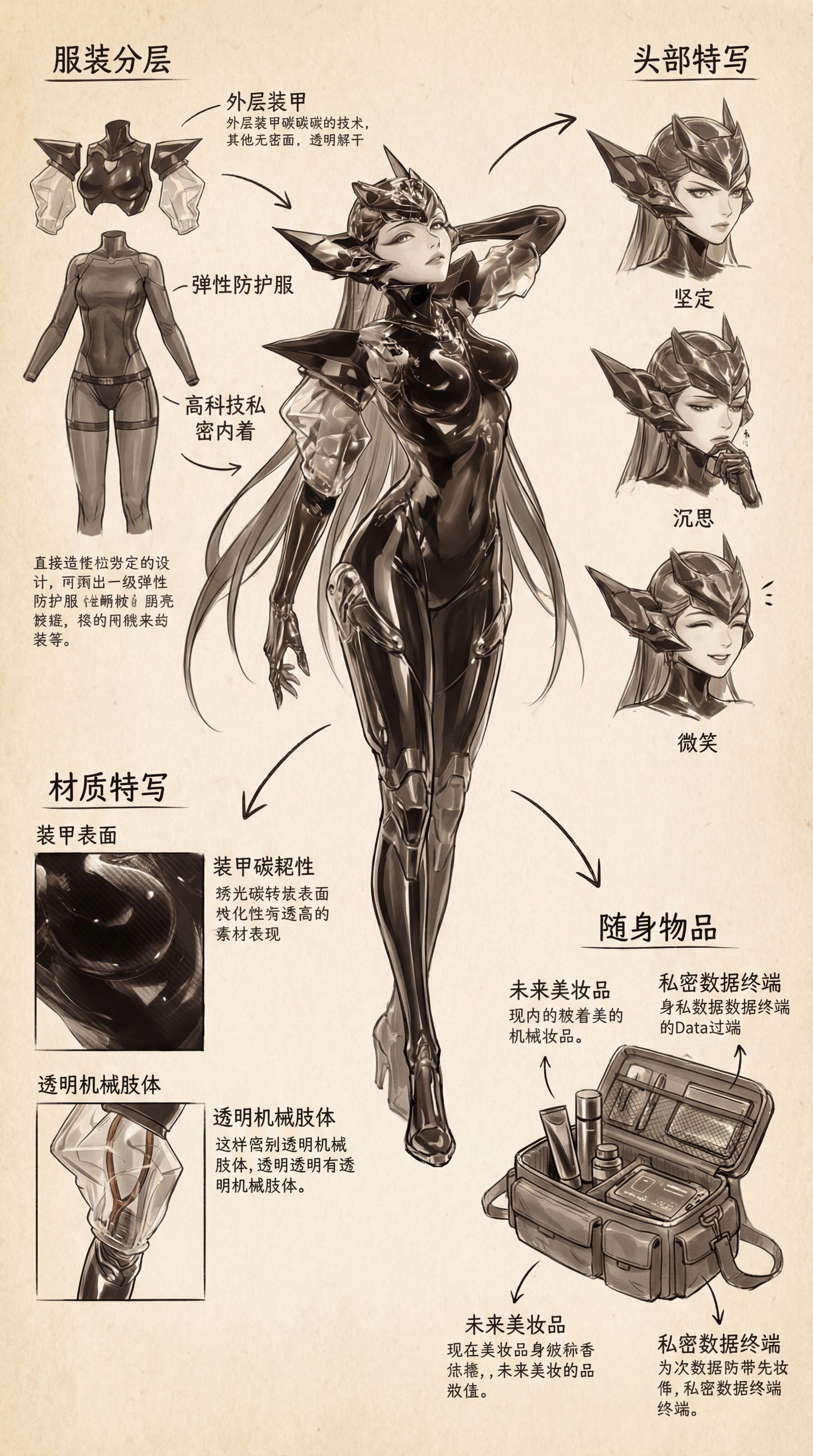 生成全景式角色深度概念分解图，中心是图中未来感紧身装甲女性的全… - 图片创意预览