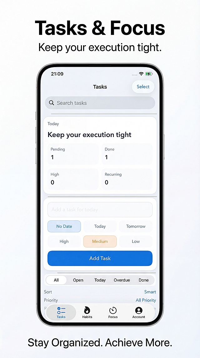 将该任务管理APP界面制作成1284×2778px的App Store英文上架图，界面清晰完整，适配应用市场展示风格