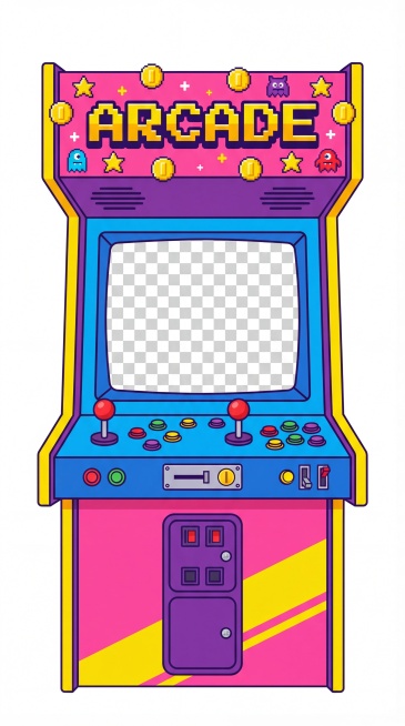 正面视角的矢量扁平复古街机立牌，80-90年代街机厅风格，鲜艳撞色（粉、黄、蓝、紫），顶部有醒目的像素风“ARCADE”大字，搭配金币、星星、小怪物图标等游戏元素。中间是蓝色边框的“街机屏幕”，屏幕区预览效果
