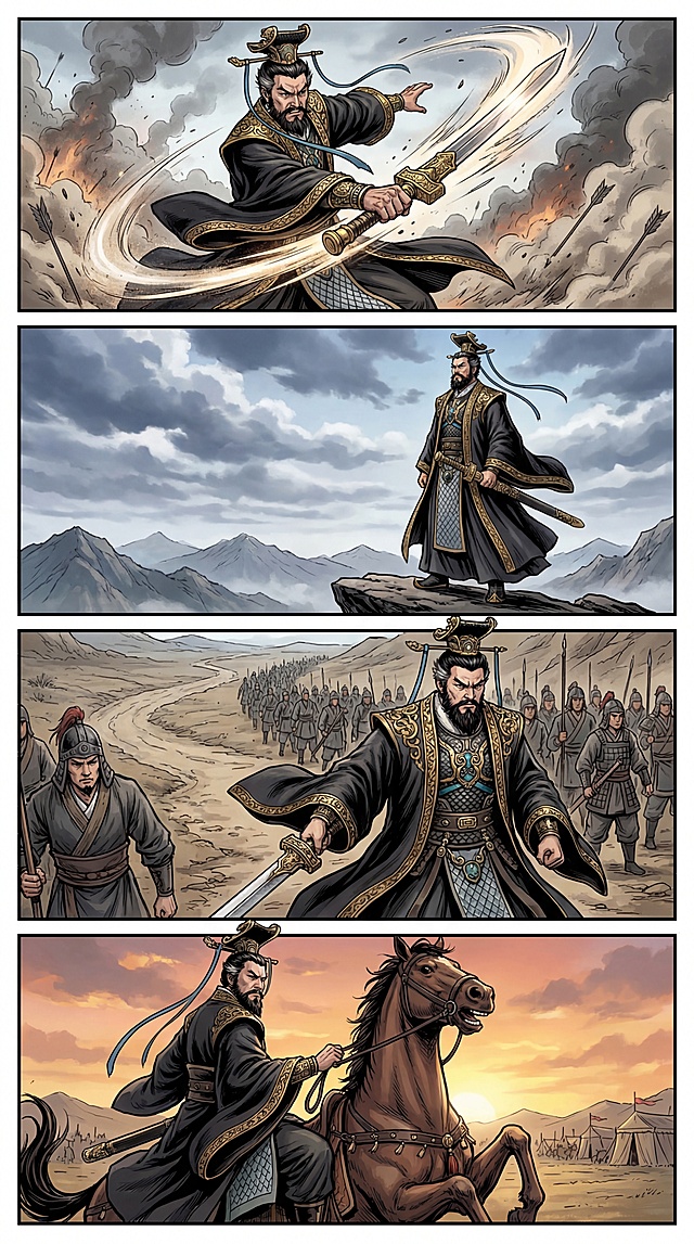 基于图中古风武将人物，生成四个不同姿势动作的9:16竖版漫画分镜，人物形象保持一致，分别呈现挥剑、伫立远眺、握剑行军、勒马回望的动作