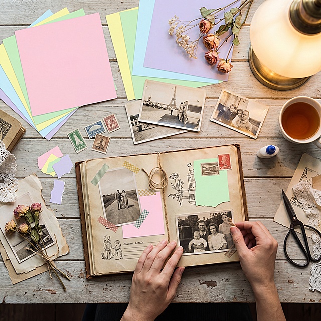 国外相册剪贴簿制作过程，使用淡粉、淡黄、淡绿、淡蓝、淡紫这些柔和马卡龙色的纸张，画面呈现手工剪贴的温馨场景，充满复古感
