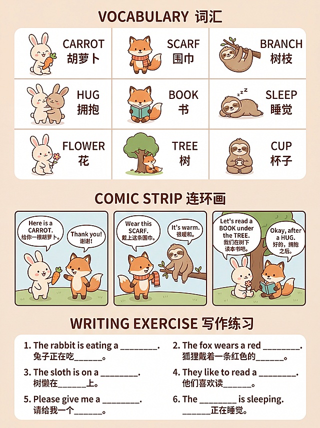 插画风卡通设计，拟人化动物角色，扁平色彩搭配温馨色调，展现可爱趣味的英语学习场景，节日氛围轻松愉悦。
