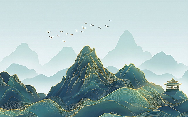 新中式风格山水画，层叠的青绿山峦，边缘点缀金色线条，右侧有中式凉亭，天空中有飞鸟群，背景是淡青绿渐变的朦胧远山，清新雅致，意境悠远