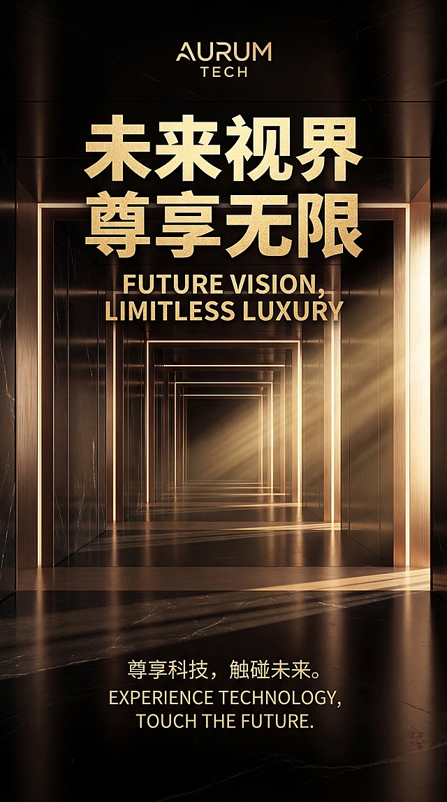 未来感科技廊道，鎏金几何线条交织，金属质感与光影层叠，极繁主义3D空间呈现奢华尊享体验。