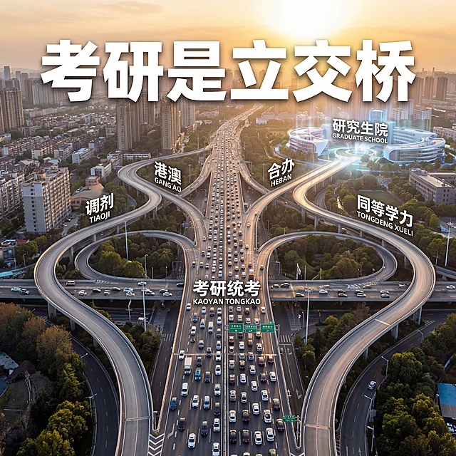 俯视视角的复杂立交桥场景，主干道（考研统考）堵车了，旁边分出4条畅通的匝道，分别写着：调剂、港澳、合办、同等学力，所有路都通向一个发光的研究生院，画面正中悬浮着白色的黑体大字【考研是立交桥】，整体给人豁然开朗的感觉