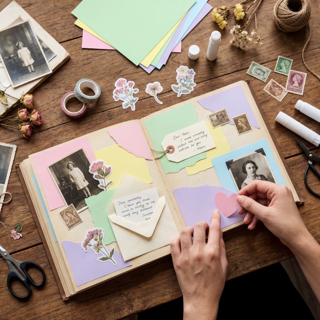 国外相册剪贴簿制作过程，使用淡粉、淡黄、淡绿、淡蓝、淡紫这些柔和马卡龙色的纸张，画面呈现手工剪贴的温馨场景，充满复古感预览效果