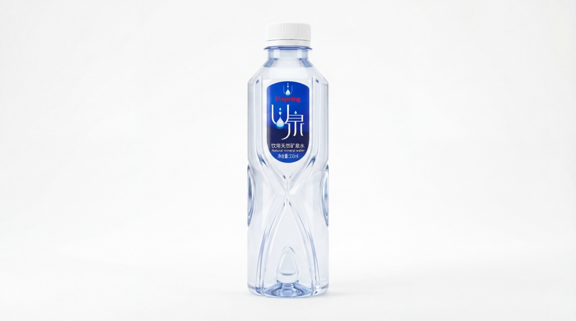 对U泉350ml饮用天然矿泉水进行商业级精修，清除瓶身所有水渍、指纹、划痕，保持高光塑料瓶的通透质感与品牌标识完整性，瓶身透明高光塑料质感真实，无雾化、无杂质，标签文字清晰锐利，色彩还原精准，瓶身交叉预览效果
