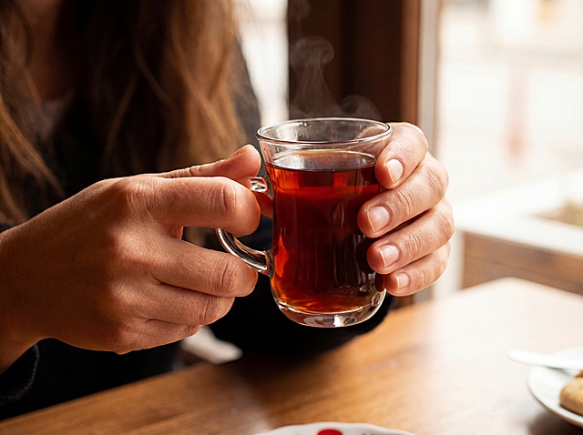 在杯子里装入红茶，让一位国外美女端着这个茶杯，通过人物手部和茶杯的对比体现茶杯大小