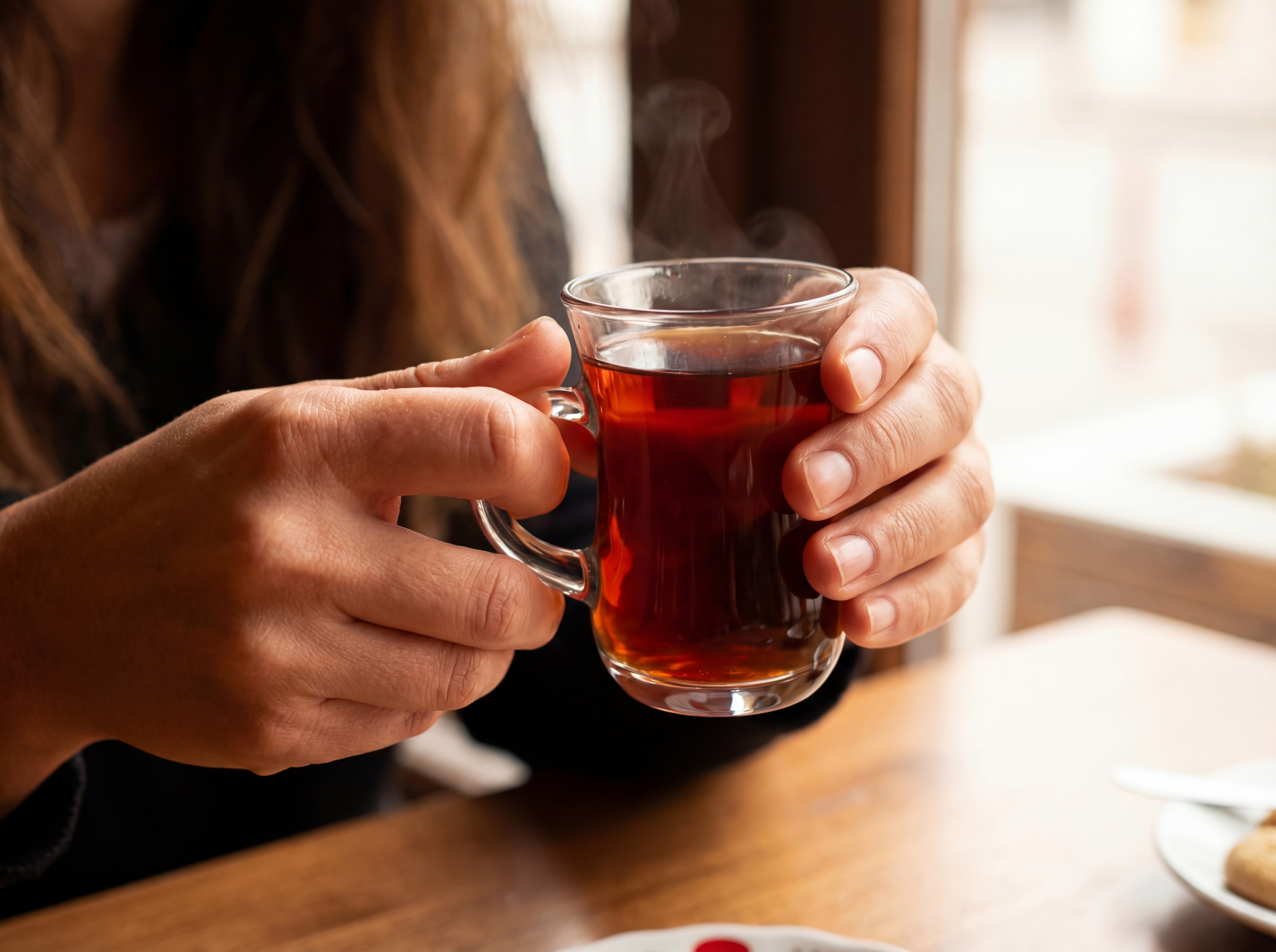 在杯子里装入红茶，让一位国外美女端着这个茶杯，通过人物手部和茶… - 图片创意预览