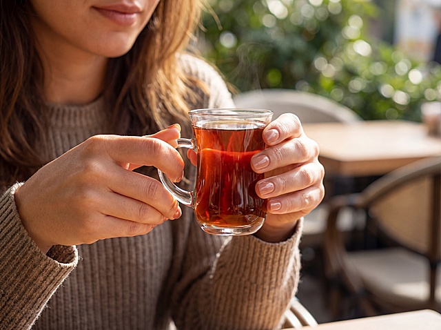 在杯子里装入红茶，让一位国外美女端着这个茶杯，通过人物手部和茶杯的对比体现茶杯大小