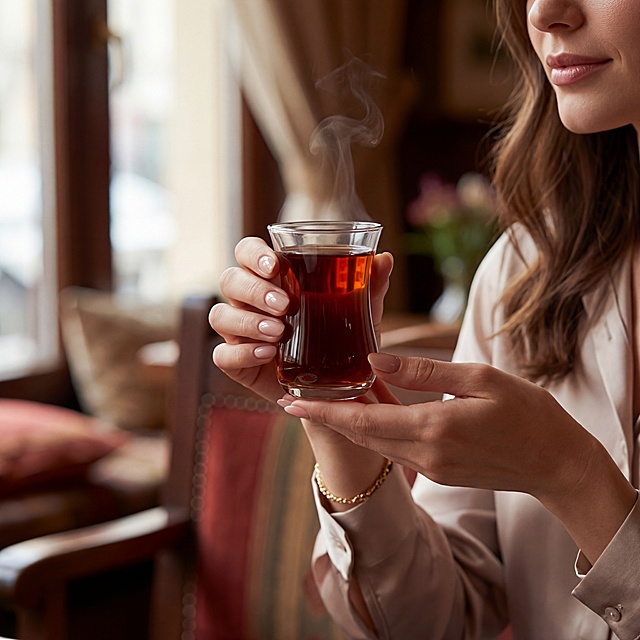将杯子里装入红茶，添加一位优雅的国外美女端着这个茶杯的场景，通过美女的手部和茶杯的对比体现茶杯大小
