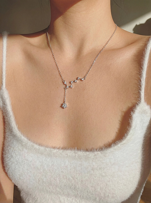 将图1的星座造型项链，结合图2的细节，保持大小形状细节不变，放置在图3的人物脖子上