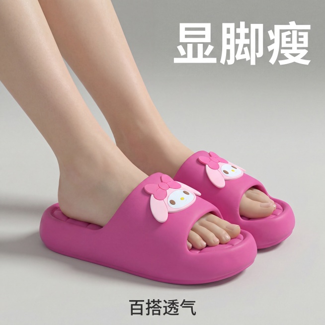 抖音商品卡主图，女生浅肤色脚部模特上脚，45度固定侧拍，双脚呈自然放松的微外八站姿显脚瘦，浅灰色极简固定背景，柔和固定漫射光，AI超清4K写实电商图，严格锁定图中玫粉色带粉色卡通装饰拖鞋的款式、颜色、预览效果