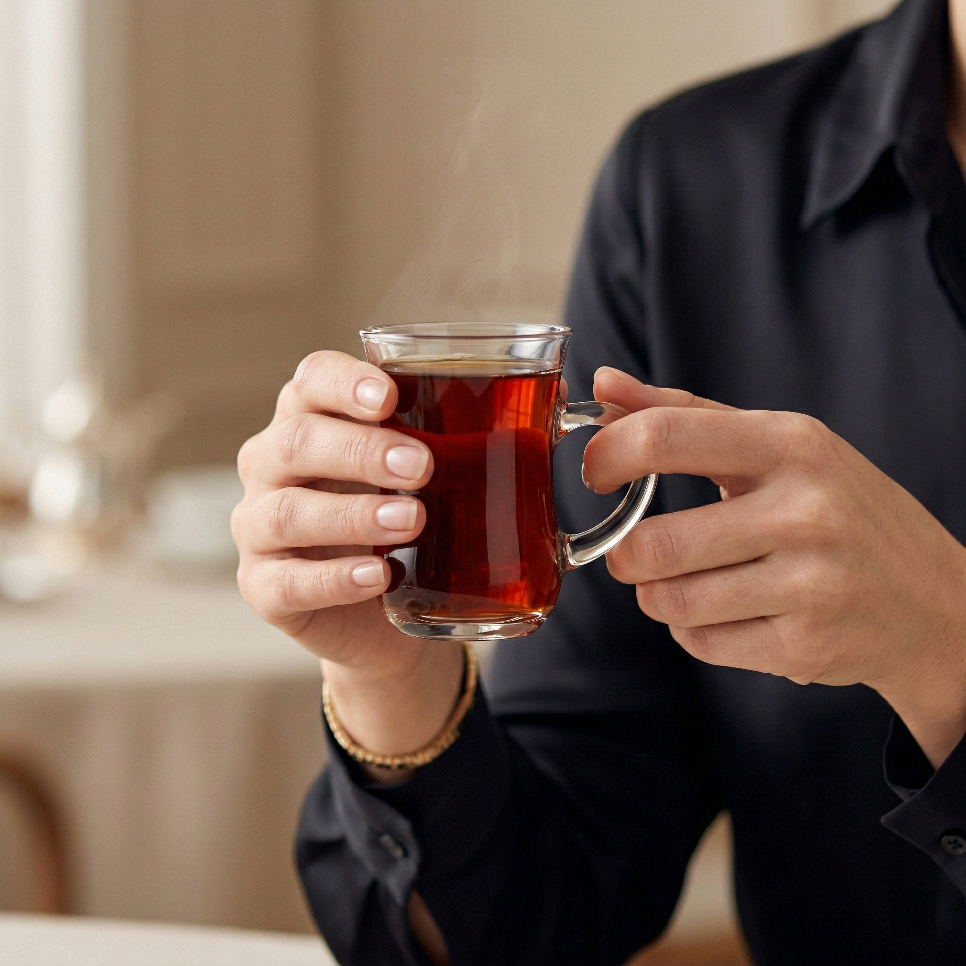 将杯子里装入红茶，添加一位优雅的国外美女端着这个茶杯的场景，通… - 图片创意预览