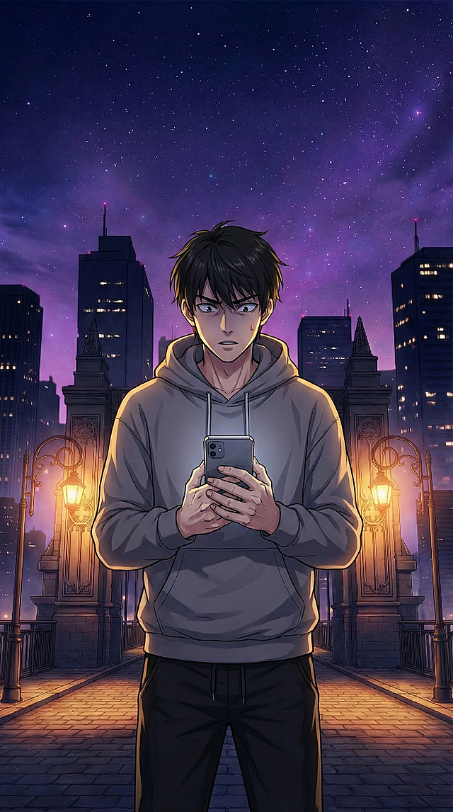 (masterpiece, best quality, ultra-detailed), 2D anime style, highres, cinematic lighting, dramatic shadows, webtoon art style, highly detailed face, vivid colors,夜晚桥头，平视近景，林奕占据画面中心，背景是复古拱门与紫金色夜空，林奕（黑短发，灰色连帽卫衣 + 黑运动裤）双手紧握手机，指节发白，眉头紧锁，瞳孔微缩，满脸震惊，暖黄复古路灯，紫金色调，氛围紧张