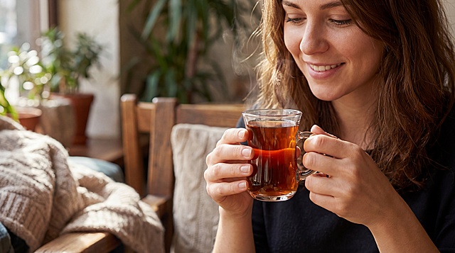 在杯子里装入红茶，让国外美女端着茶杯，体现茶杯大小