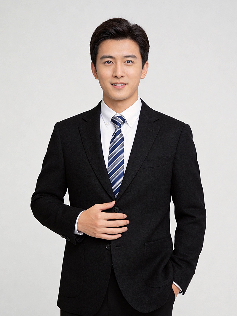 黑色西装干练蓝灰条纹领带男性职业形象照