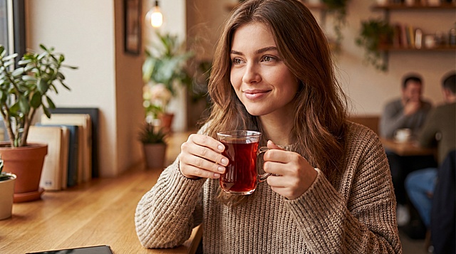 在杯子里装入红茶，让国外美女端着茶杯，体现茶杯大小