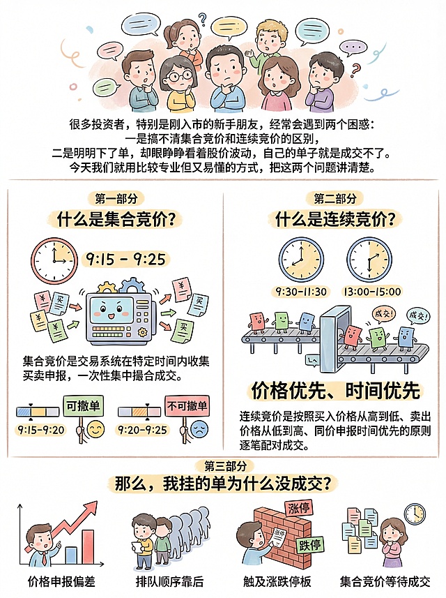 温柔友好的手绘卡通风格，3:4竖版，模块化布局，分区清晰，分为顶部、第一部分、第二部分、第三部分。顶部：手绘很多投资者卡通形象，配文案“很多投资者，特别是刚入市的新手朋友，经常会遇到两个困惑：一是搞不清集合竞价和连续竞价的区别，二是明明下了单，却眼睁睁看着股价波动，自己的单子就是成交不了。今天我们就用比较专业但又易懂的方式，把这两个问题讲清楚。”第一部分：标题“什么是集合竞价？”，手绘9:15-9:25的时钟，交易系统收集买卖申报的卡通场景，9:15-9:20可撤单、9:20-9:25不可撤单的提示画面，配相关文字说明。第二部分：标题“什么是连续竞价？”，手绘9:30-11:30、13:00-15:00的时钟，逐笔配对成交的卡通场景，配“价格优先、时间优先”的文字说明。第三部分：标题“那么，我挂的单为什么没成交？”，手绘价格申报偏差、排队顺序靠后、触及涨跌停板、集合竞价等待成交的卡通场景，配对应文字说明。整体风格温馨治愈，色彩柔和，人物形象可爱。