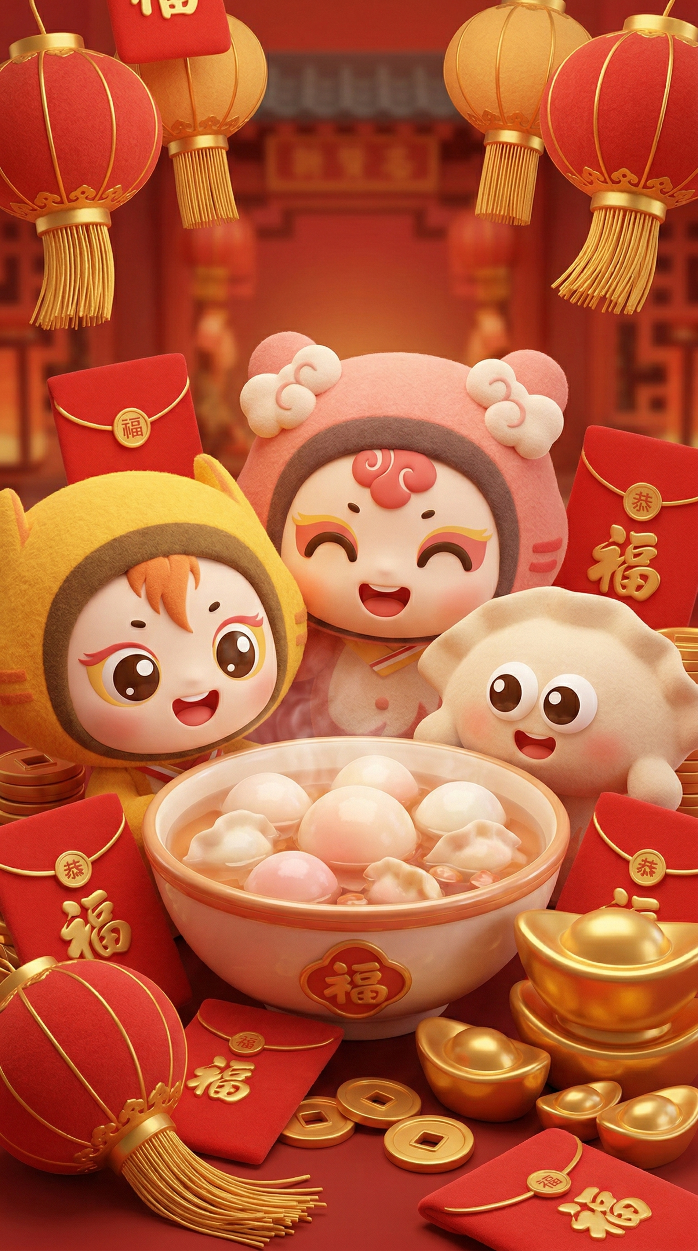 软3D风格Q版红色插画，三个可爱卡通形象面带开心表情，面前摆放… - 图片创意预览