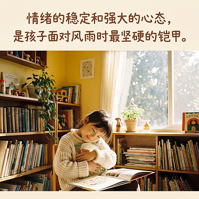 温馨治愈风格，画面中心是一个抱着绘本的小女孩，穿着米白色针织毛衣，面带平静柔和的微笑，背景是暖黄色调的温馨书房，书架上摆满书籍，阳光透过窗户洒下柔和光斑，画面上方有文字“情绪的稳定和强大的心态，是孩子面对风雨时最坚硬的铠甲。”，字体为温暖圆润的手写体，暖棕色