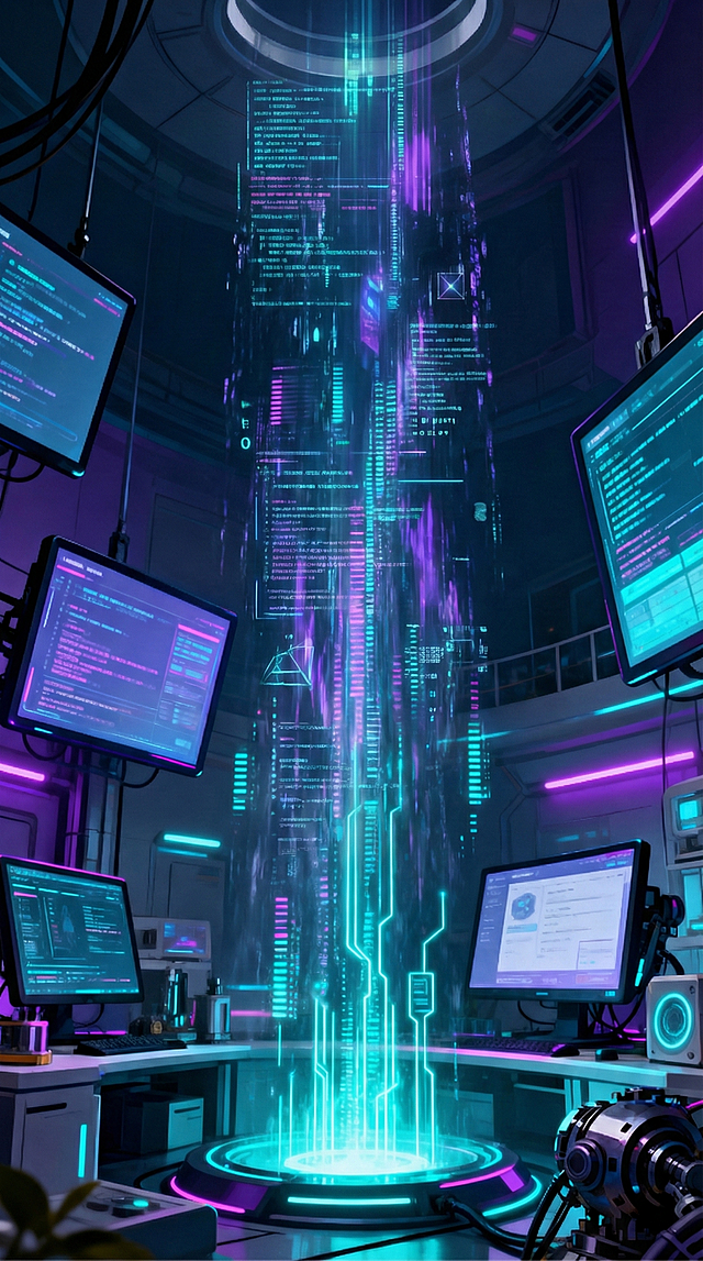 删除所有文字，移除瀑布元素，仅保留流动的数据和代码，维持赛博朋克风格