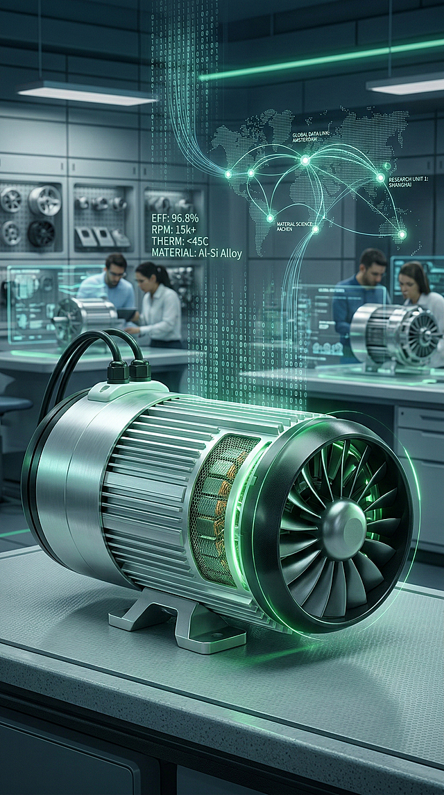 将现有电机替换为 sleek high-efficiency brushless motor and fan system，添加holographic global R&D network lines and engineering data streams，用soft green energy glows照亮，背景改为clean futuristic laboratory environment，呈现professional industrial innovation风格，8k resolution，cinematic lighting