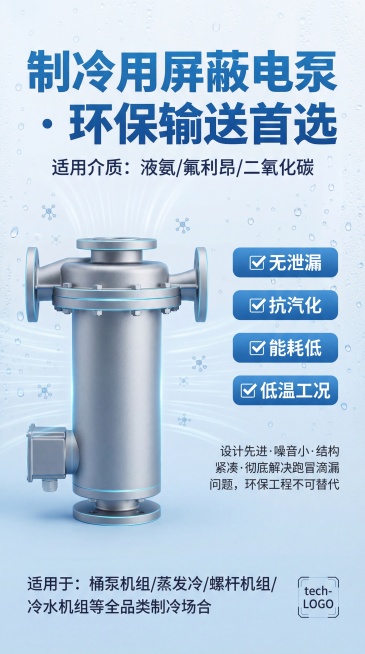 将产品改为精致建模的银灰色工业制冷屏蔽泵，机身带细密金属磨砂纹理，边缘做冷蓝色高光勾勒，背景替换为低饱和浅蓝到冰白的渐变，点缀细碎的冷凝水珠、淡蓝色低温气流可视化线条、极小的制冷剂分子图案。顶部添加加预览效果