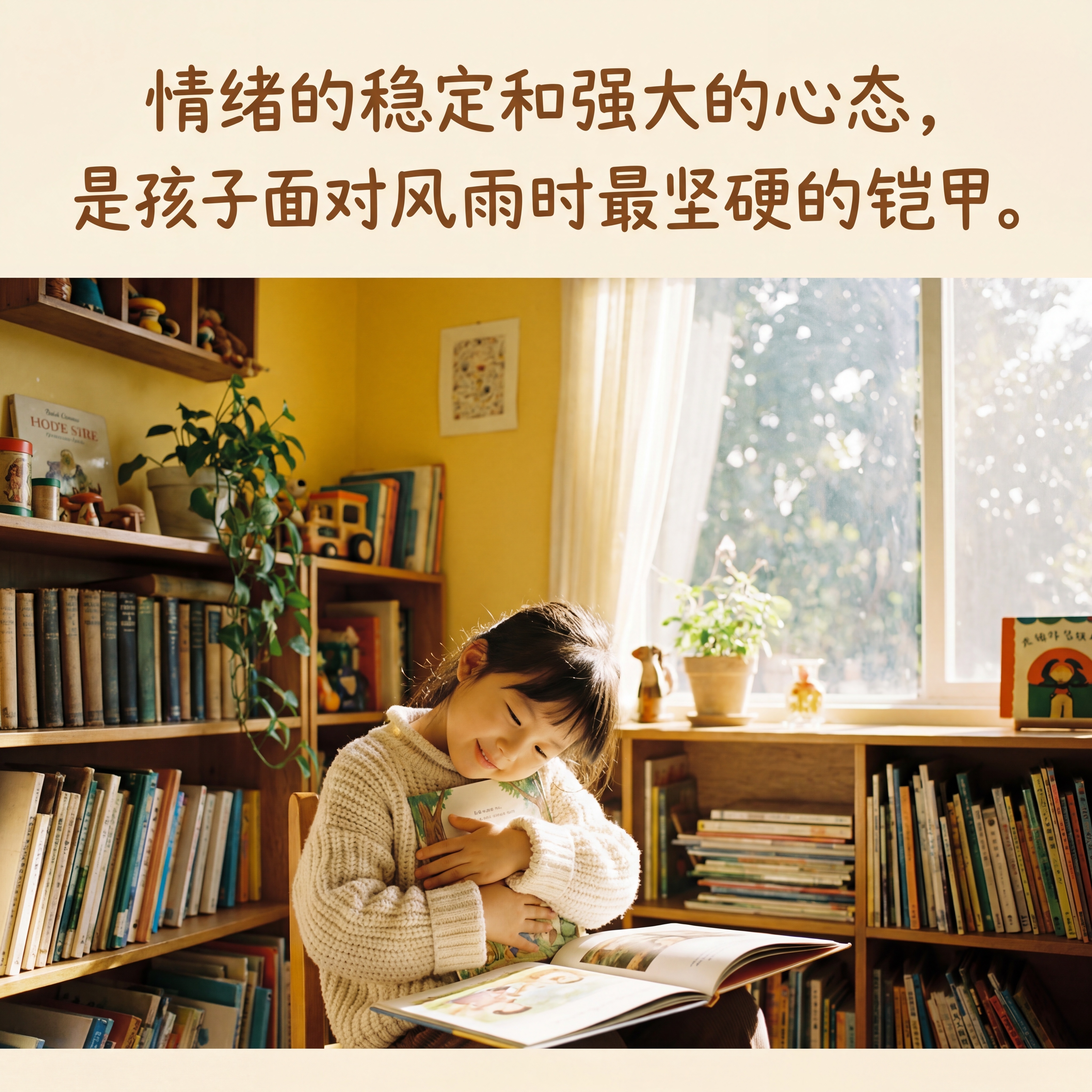 温馨治愈风格，画面中心是一个抱着绘本的小女孩，穿着米白色针织毛… - 图片创意预览