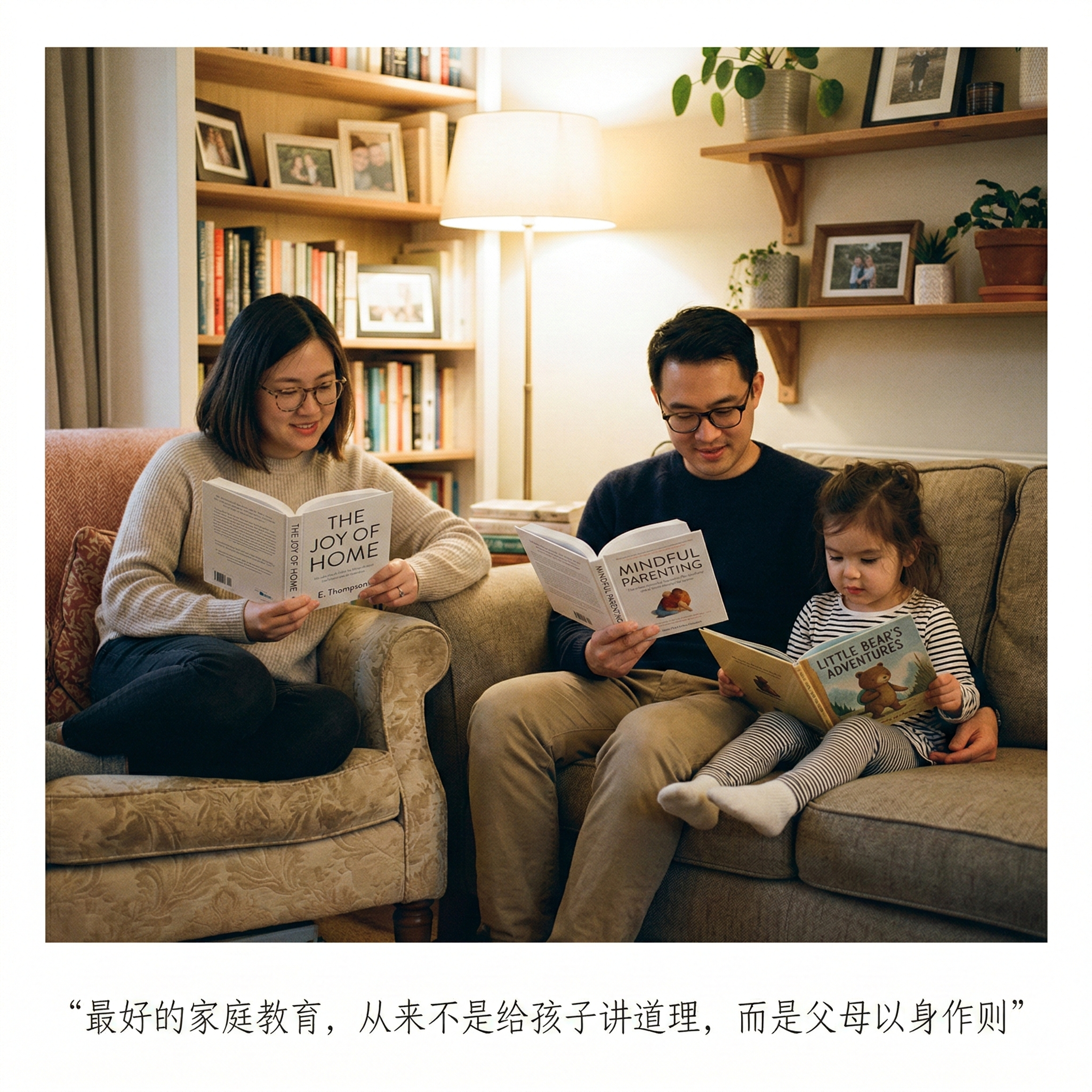 温馨的家庭场景，父母在安静阅读，孩子模仿着也在看书，画面传递出… - 图片创意预览
