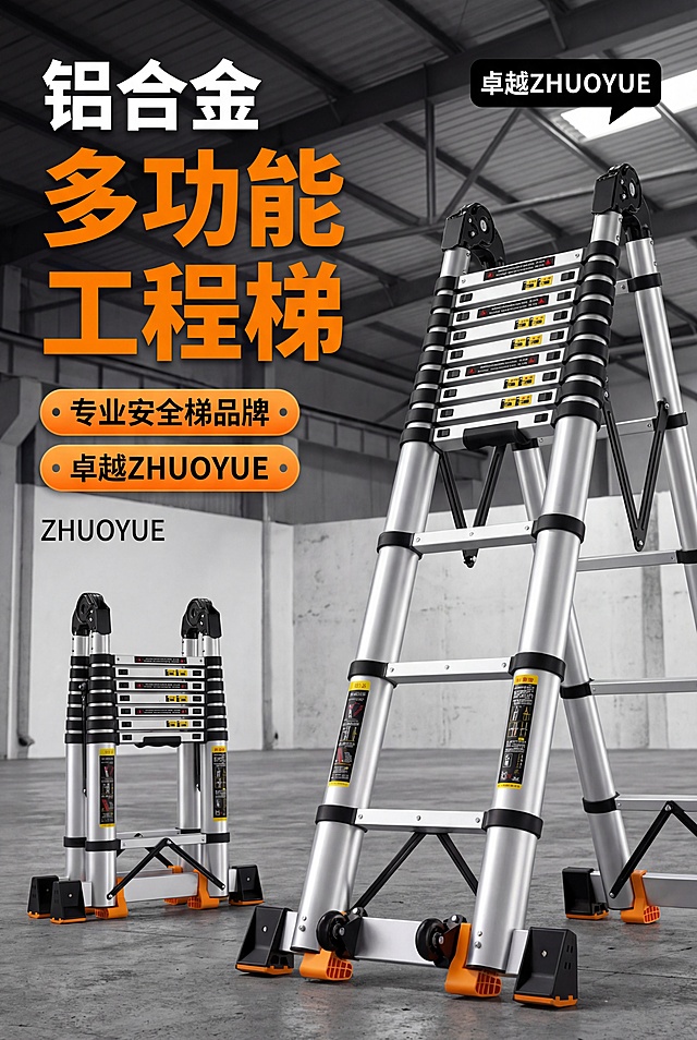 商业级电商产品摄影，工业科技硬核风格，严格还原产品的银色铝合金梯身、橙色防滑脚垫、底部滚轮、安全警示标签、折叠伸缩结构等所有细节，保持产品金属哑光质感与橡胶防滑纹理，产品尺寸比例1:1真实还原。画面采用低角度仰拍构图，视觉中心为画面右侧居中的展开状态工程梯，占据画面主体60%比例，画面左下角放置同款梯子的折叠收纳状态，形成展开与收纳的形态对比，突出产品伸缩收纳的核心优势。画面左上角设置主标题与副标题，主标题分为三行，第一行为白色超粗无衬线字体“铝合金”，第二、三行为亮橙色超大号超粗无衬线字体“多功能”“工程梯”；主标题下方设置两个橙色渐变圆角标签，分别标注白色粗体字“专业安全梯品牌”“卓越ZHUOYUE”，标签左侧搭配小孔设计；主标题左下角标注黑色细体无衬线英文“ZHUOYUE”；画面右上角设置黑色对话气泡样式的品牌标识，标注白色粗体字“卓越ZHUOYUE”。背景为工业厂房室内场景，水泥哑光地面，钢结构屋顶，白色水泥墙面，背景做轻微景深虚化，保留工业建筑的结构轮廓，无多余杂乱元素，最大化突出产品主体。整体色彩以黑色、工业亮橙、白色为主色调，采用硬朗的工业影棚硬光，光影层次分明，精准凸显铝合金金属质感，无过曝、无暗部死黑，高清8K极致锐利画质，细节清晰可见，杂志级精致排版，整体氛围专业硬核，突出产品工程级、多功能、可伸缩收纳的核心卖点。禁止改变产品外观配色、结构尺寸、锁扣位置、警示标签内容；禁止产品与画面元素比例失调、出现尺寸失真；禁止使用与工业科技风不符的可爱、复古、卡通风格；禁止产品材质质感失真，金属出现塑料感、橡胶纹理模糊；禁止背景杂乱、出现多余装饰元素干扰产品主体；禁止文字字体不统一、排版混乱；禁止光影过曝、暗部死黑。