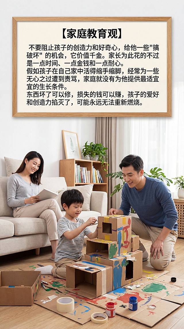 画面中有中国父母和中国男孩子，背景是温馨的家庭场景，清晰正确的中文文字：【家庭教育观】不要阻止孩子的创造力和好奇心，给他一些"搞破坏"的机会，它价值千金。家长为此花的不过是一点时间、一点金钱和一点耐心。假如孩子在自己家中活得缩手缩脚，经常为一些无心之过遭到责骂，家庭就没有为他提供最适宜的生长条件。东西坏了可以修，损失的钱可以赚，孩子的爱好和创造力掐灭了，可能永远无法重新燃烧。