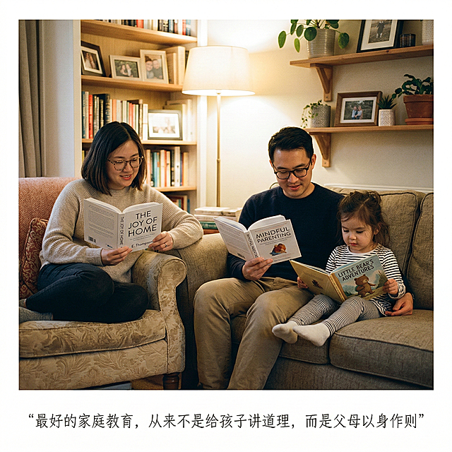 温馨的家庭场景，父母在安静阅读，孩子模仿着也在看书，画面传递出父母以身作则的家庭教育氛围，配文“最好的家庭教育，从来不是给孩子讲道理，而是父母以身作则”