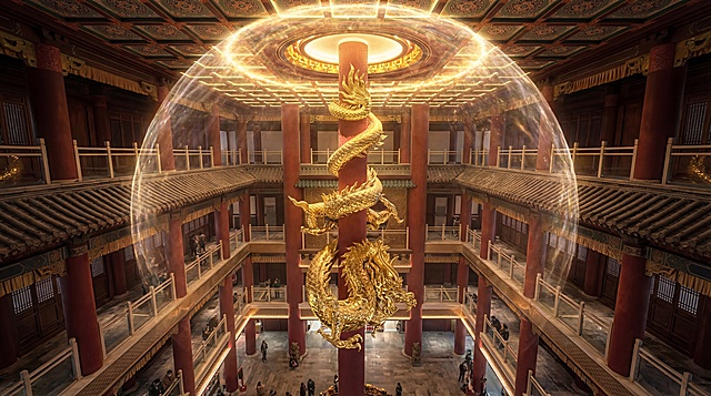 远景俯视，中式古建大厅，金龙盘踞在红柱顶端，藻井光晕微微闪动，结界初现轮廓，电影感镜头，材质肌理真实，无框无缝