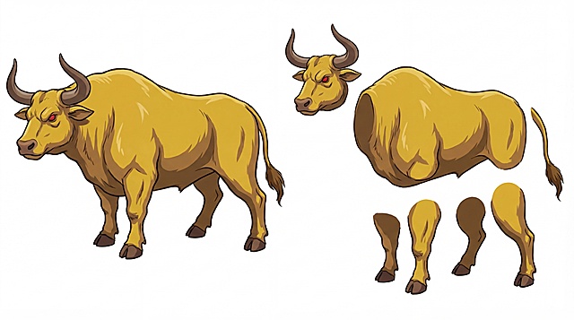 将图中的黄色公牛进行拆分，左侧保留完整的黄色公牛，右侧拆分出公牛的头部、身体、四肢、尾巴等身体部件，风格保持一致